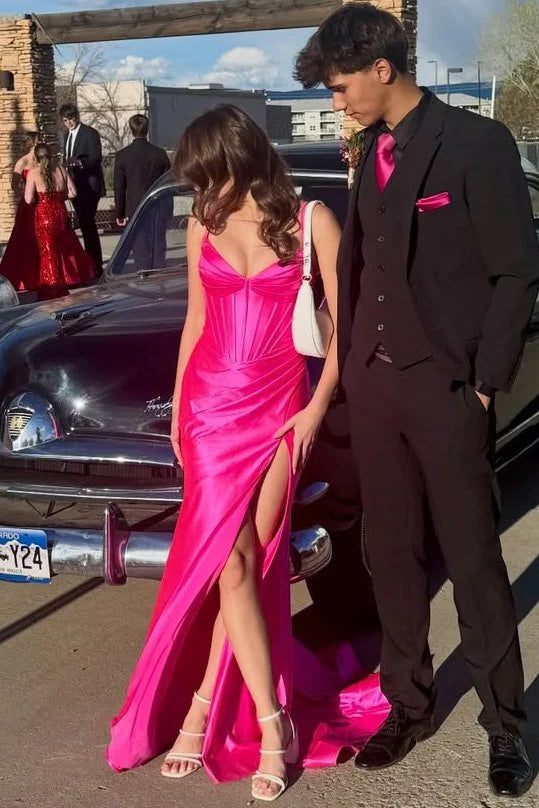 Hot Pink Satin Mermaid v-Neck Sleeveless Party Prom Dress With Leg Slit