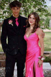 Hot Pink Satin Mermaid v-Neck Sleeveless Party Prom Dress With Leg Slit