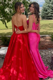 Hot Pink Satin Mermaid v-Neck Sleeveless Party Prom Dress With Leg Slit