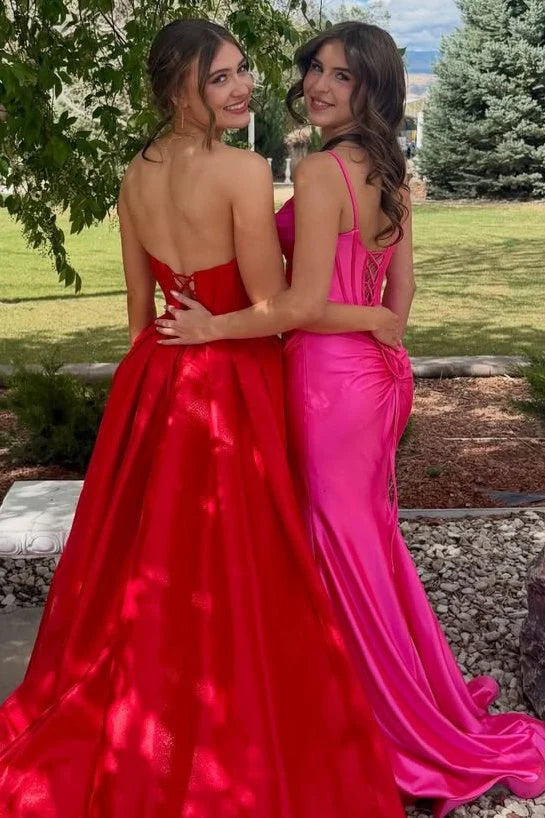 Hot Pink Satin Mermaid v-Neck Sleeveless Party Prom Dress With Leg Slit