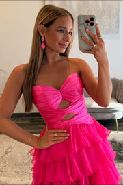 Hot Pink Strapless A-Line Two Tone Tiered Party Prom Dress