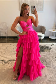 Hot Pink Strapless A-Line Two Tone Tiered Party Prom Dress