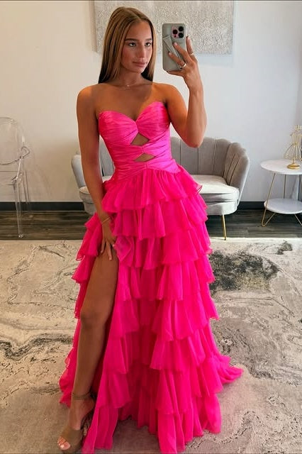 Hot Pink Strapless A-Line Two Tone Tiered Party Prom Dress