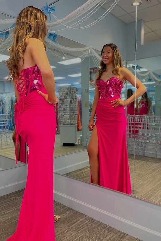 Hot Pink Sweetheart Strapless Beaded Empire Party Prom Dress With Slit