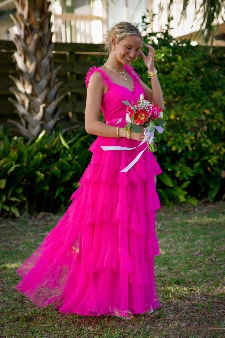 Hot Pink Tulle A-Line Sleeveless Tiered Party Prom Dress
