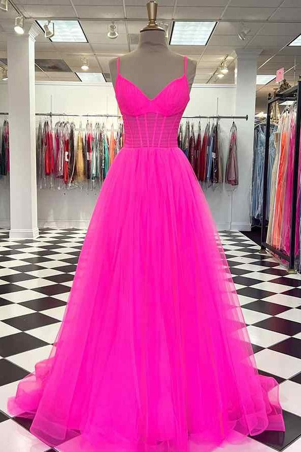 Hot Pink Tulle A-Line Sweetheart Sleeveless Prom Dress