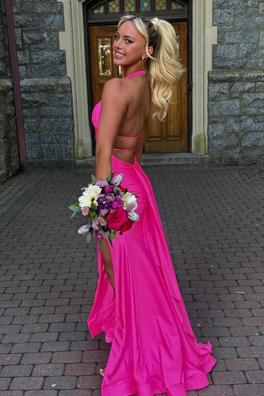 Hot Pink V-Neck Halter Backless Mermaid Party Prom Dress