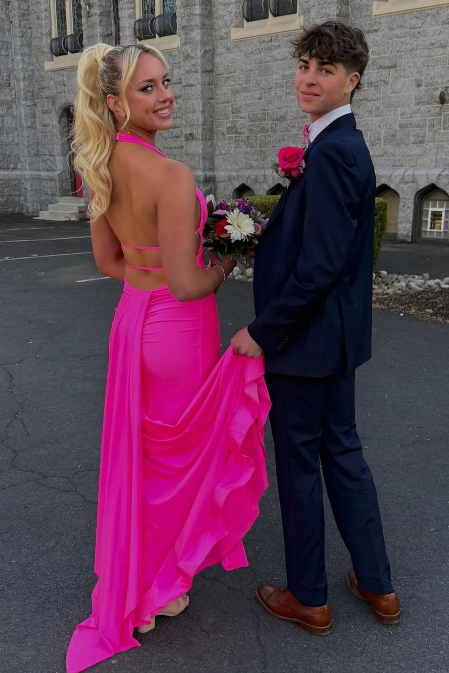 Hot Pink V-Neck Halter Backless Mermaid Party Prom Dress
