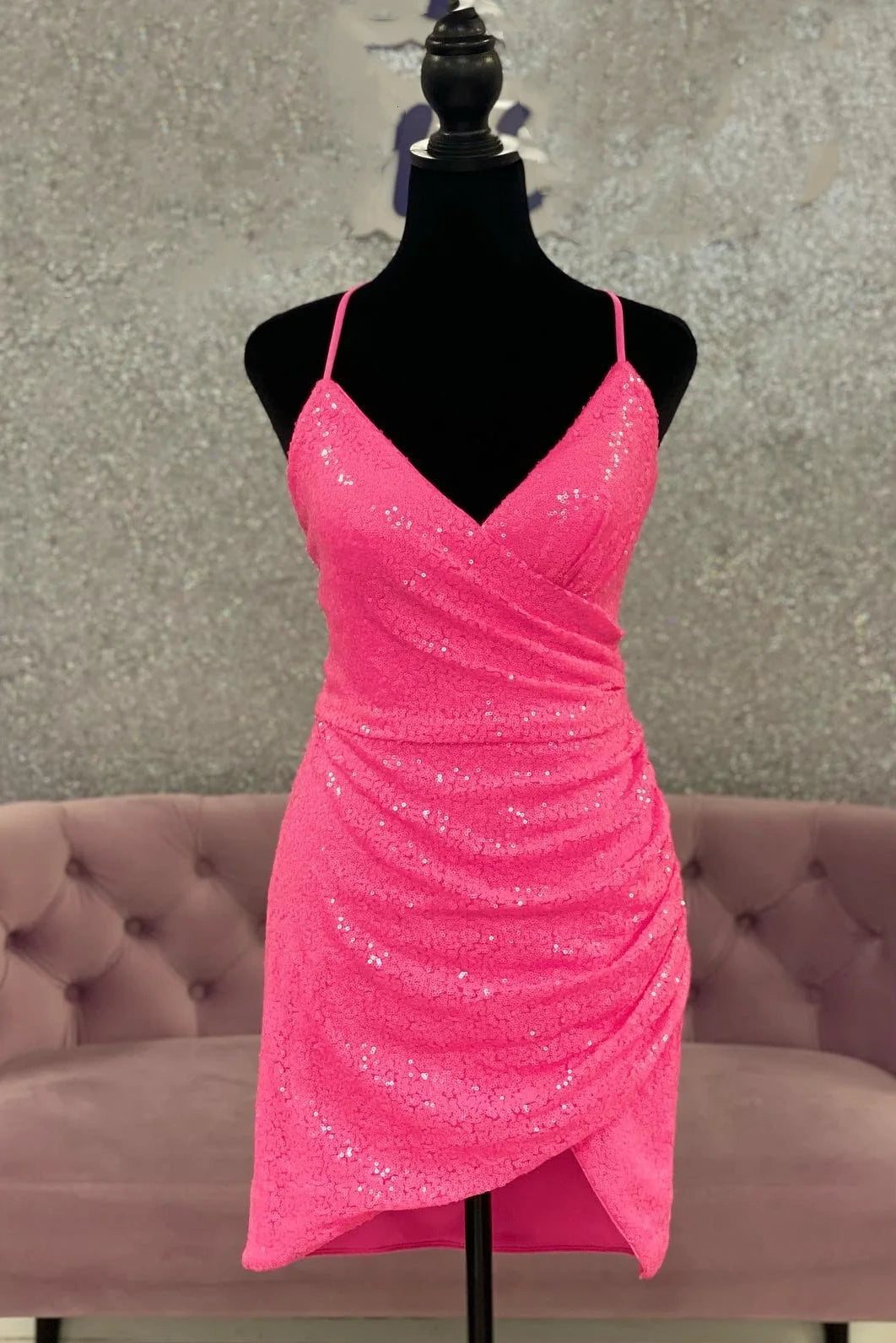 Hot Pink V-Neck Sleeveless Pleated Empire Sequins Homecoming Dress