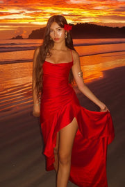Hot Red Bateau Spaghetti Straps Ruffle Party Prom Dress With Slit