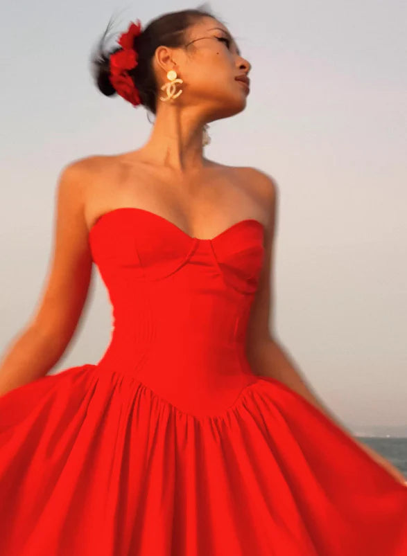 Hot Red Satin A-Line Sweetheart Strapless Party Prom Dress