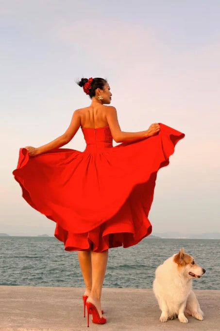 Hot Red Satin A-Line Sweetheart Strapless Party Prom Dress