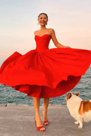 Hot Red Satin A-Line Sweetheart Strapless Party Prom Dress