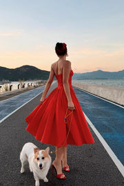 Hot Red Satin A-Line Sweetheart Strapless Party Prom Dress