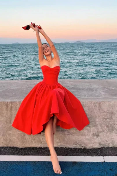 Hot Red Satin A-Line Sweetheart Strapless Party Prom Dress