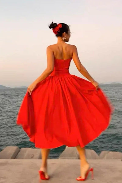 Hot Red Satin A-Line Sweetheart Strapless Party Prom Dress