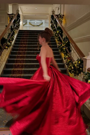 Hot Red Satin A-Line V-Neck Strapless Formal Party Prom Dress