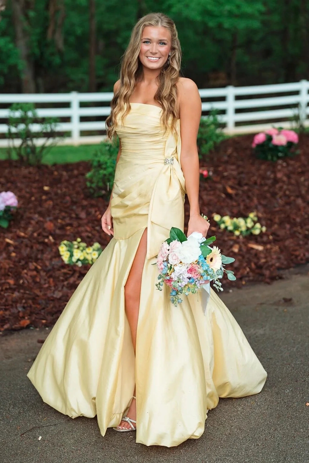 Hot Strapless Mermaid Satin Party Prom Dress With Leg Slit 