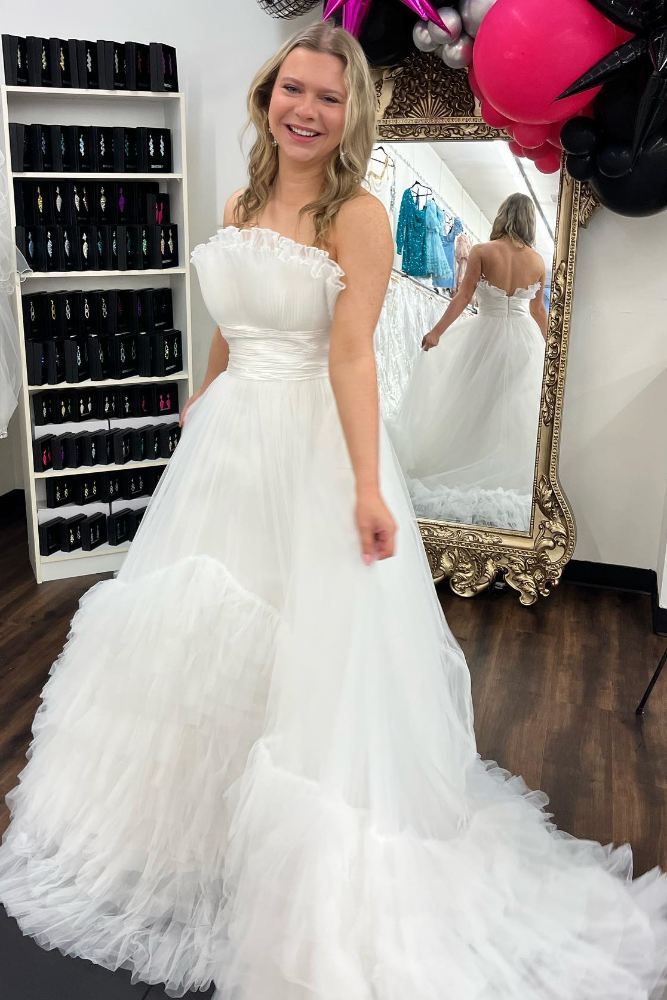 Hot Pink Ruffled Strapless Layers Long Prom Dress White / US 2 Hot Pink Ruffled Strapless Layers Long Prom Dress White / US 2