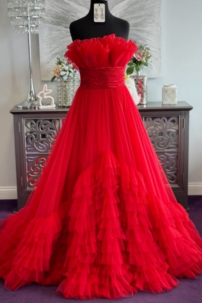 Hot Pink Ruffled Strapless Layers Long Prom Dress red color full shot 