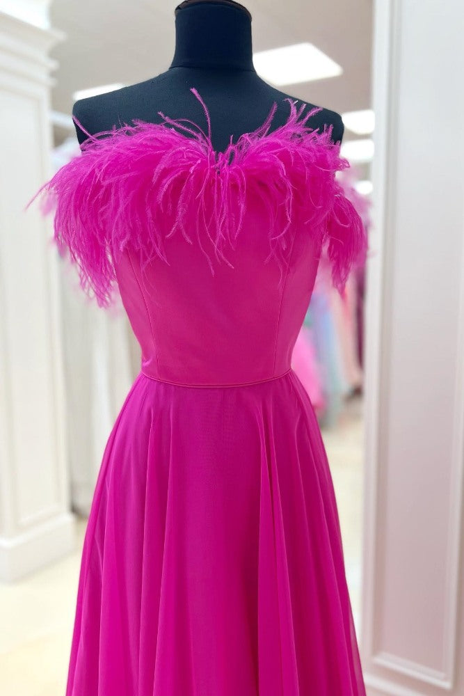  Hot Pink Strapless A-Line Prom Dress with Feather close up front side 