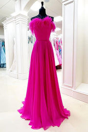  Hot Pink Strapless A-Line Prom Dress with Feather full shot front side