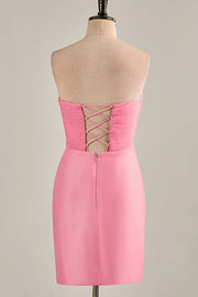 Hot Pink Strapless Chiffon Knee Length Homecoming Dress joyofdress product image backside