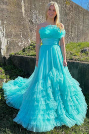 Hot sky blue Ruffled Strapless Layers Long Prom Dress front side with model