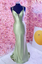 Sage Green Plunging V Spaghetti Straps Mermaid Satin Long Prom Dress