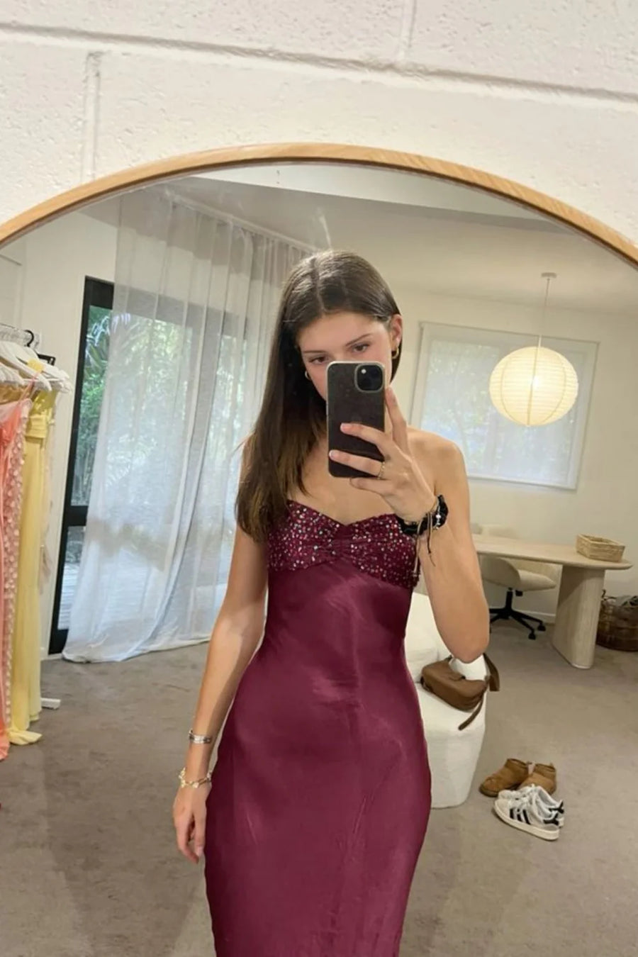 Spaghetti Straps Lace Up Beaded Long Party Evening Dress
