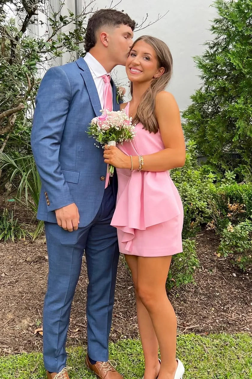 Irregular Strapless Satin Fitted Pink Mini Summer Homecoming Dress