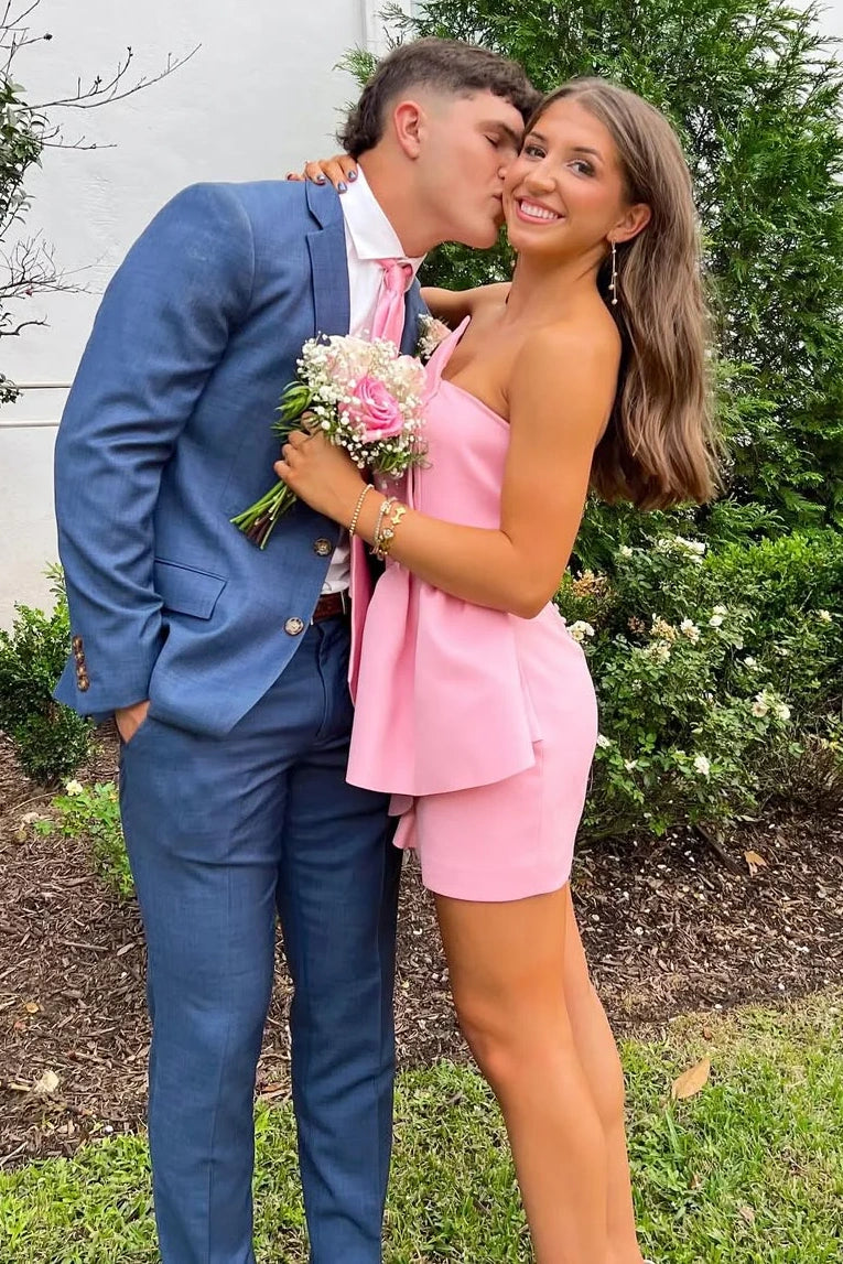 Irregular Strapless Satin Fitted Pink Mini Summer Homecoming Dress