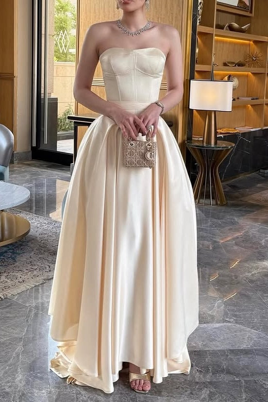 Ivory Satin A-Line Sweetheart Strapless Maxi Party Prom Dress