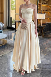 Ivory Satin A-Line Sweetheart Strapless Maxi Party Prom Dress