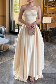 Ivory Satin A-Line Sweetheart Strapless Maxi Party Prom Dress