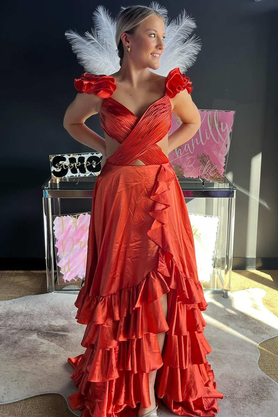 Brittany Red Cutout Ruffle A-Line Prom Dress | Elegant Gown with Slit | KissProm Red / 2 / Taffeta Brittany Red Cutout Ruffle A-Line Prom Dress | Elegant Gown with Slit | KissProm Red / 2 / Taffeta