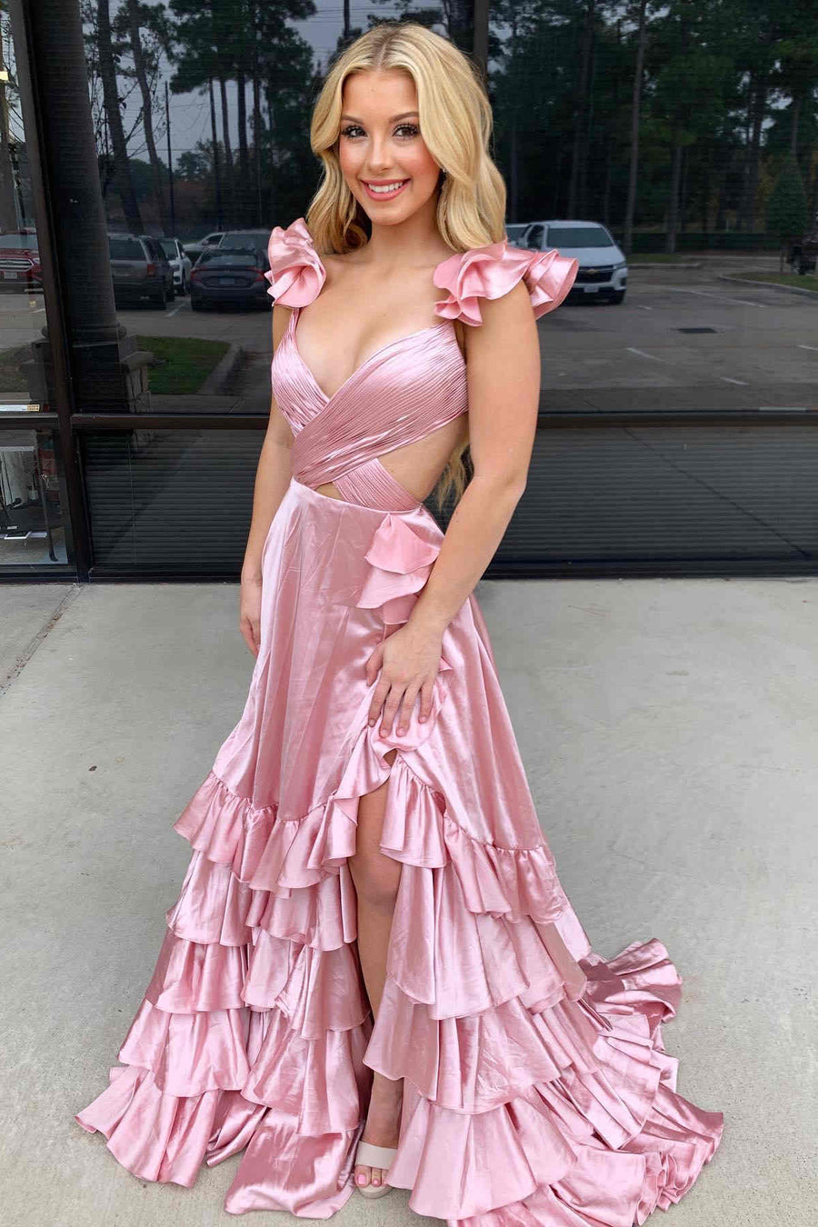 Crossed Top Ruffled Layers Long Prom Dress with Slit Pink / US 8 Crossed Top Ruffled Layers Long Prom Dress with Slit Pink / US 8