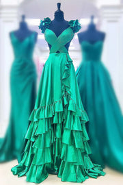 Crossed Top Ruffled Layers Long Prom Dress with Slit