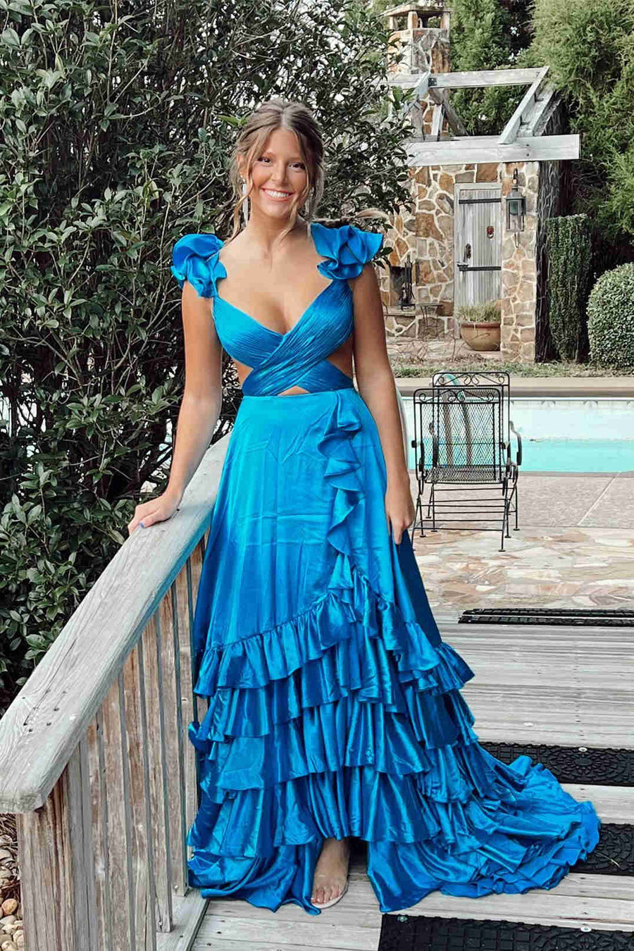 Crossed Top Ruffled Layers Long Prom Dress with Slit