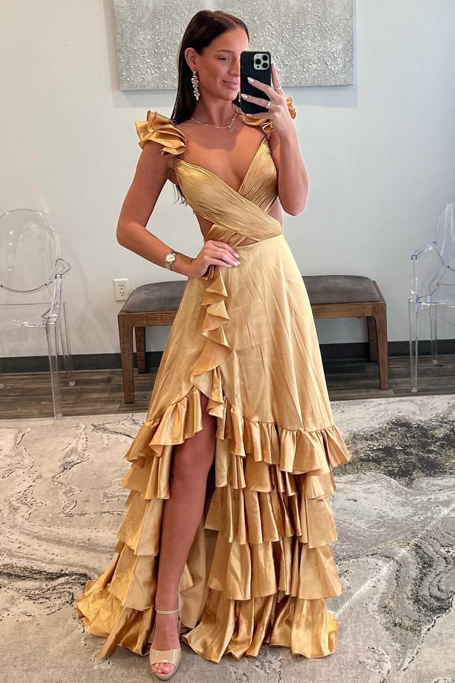 Crossed Top Ruffled Layers Long Prom Dress with Slit Gold / US 12 Crossed Top Ruffled Layers Long Prom Dress with Slit Gold / US 12