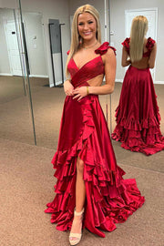 Crossed Top Ruffled Layers Long Prom Dress with Slit