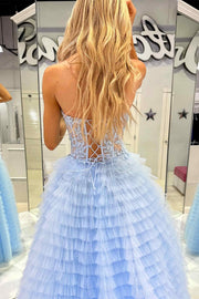 Sexy Tulle A-Line Sweetheart Strapless Tiered Appliques Prom Dress