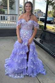 Lace A-Line Sweetheart Tiered Prom Dress With Slit And Train