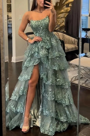 Bateau Strapless Lace A-Line Tiered Party Prom Dress