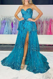 Sparkly Sweetheart Strapless Empire Party Prom Dress With Tiered Train