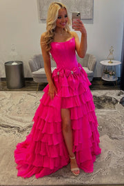 Bateau Strapless Two Tone Chiffon Tiered Party Prom Dress With Bows