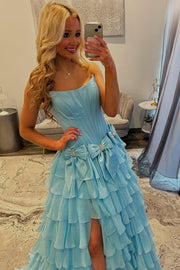 Bateau Strapless Two Tone Chiffon Tiered Party Prom Dress With Bows