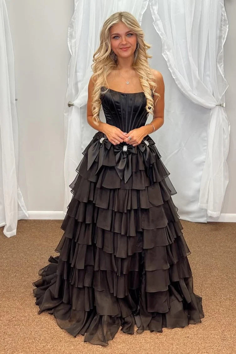 Bateau Strapless Two Tone Chiffon Tiered Party Prom Dress With Bows