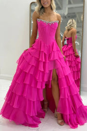 Beaded Strapless A-Line Empire Tiered Prom Party Dress