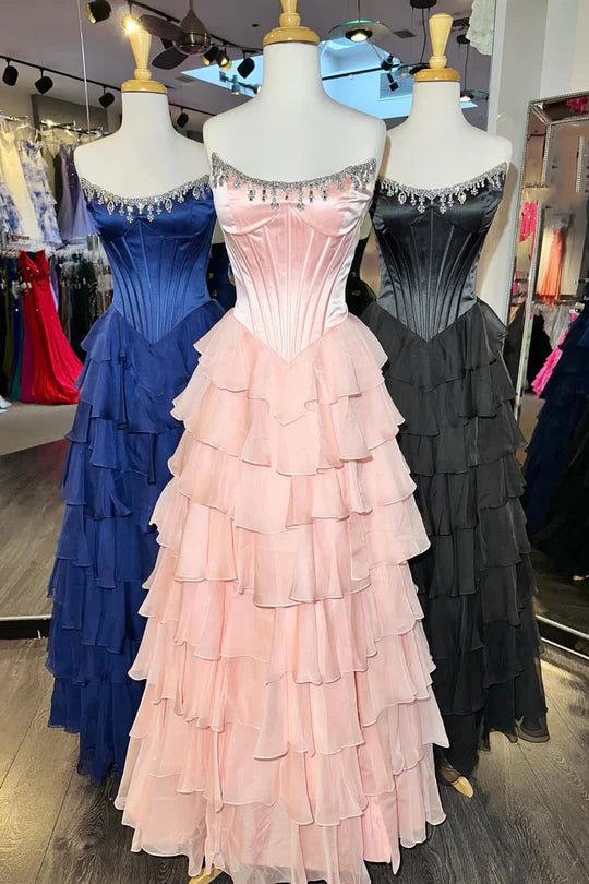 Beaded Strapless A-Line Empire Tiered Prom Party Dress